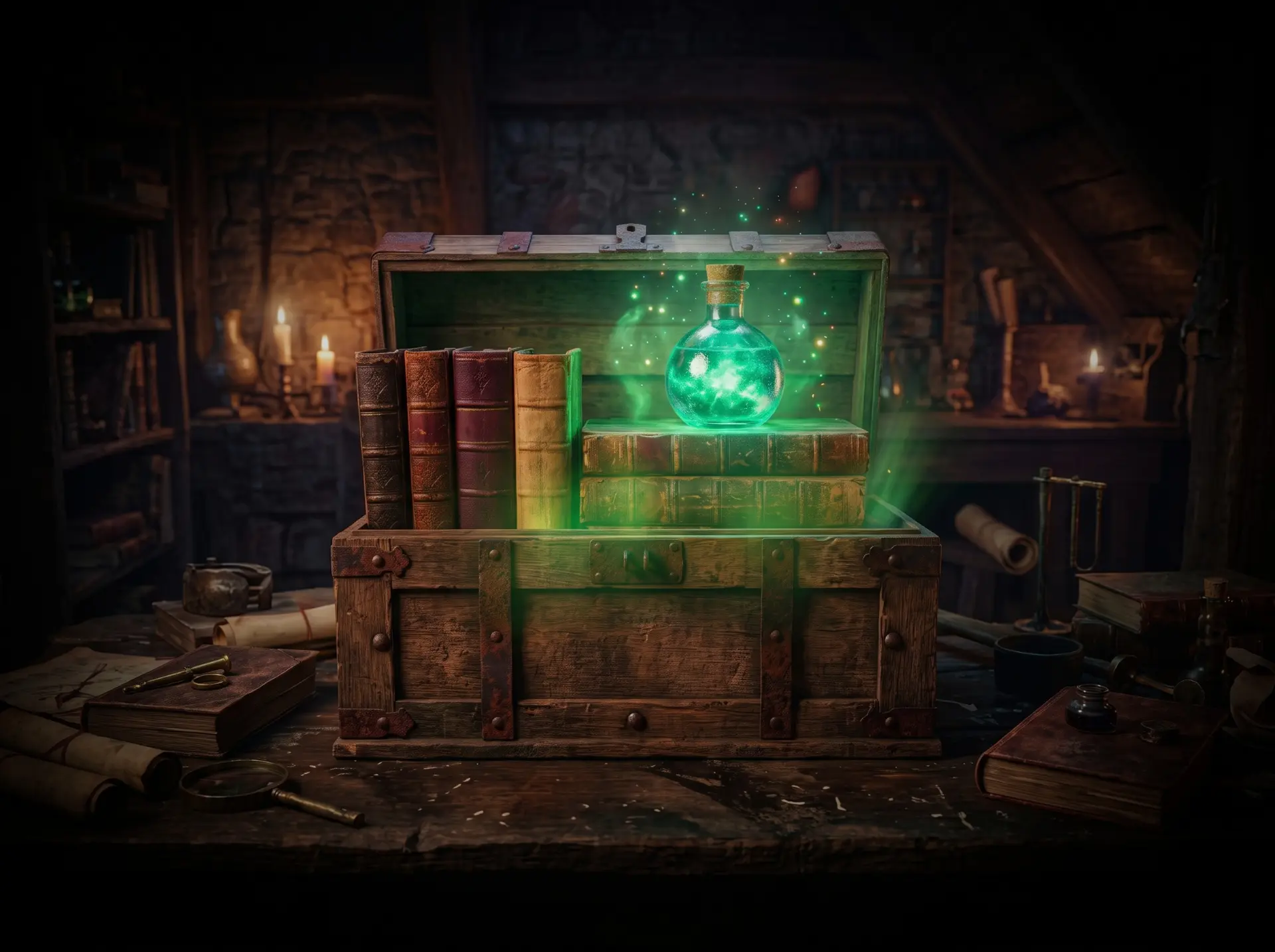An open wooden chest holding antique books and a glass potion flask glowing with green light on an alchemist's workbench